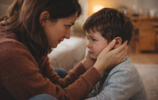 Padres acompañando emocionalmente a su hijo en casa, mostrando cómo enseñar las emociones en la infancia.
