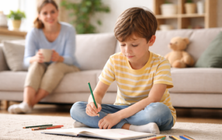 Niño dibujando tranquilamente en casa mientras un adulto permanece cerca, después de un momento intenso.