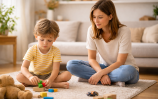Niño jugando tranquilamente mientras un adulto lo acompaña, representando el acompañamiento emocional en la infancia.