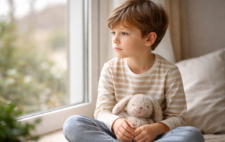 Niño observando tranquilamente por la ventana en casa, mostrando un momento de reflexión emocional.